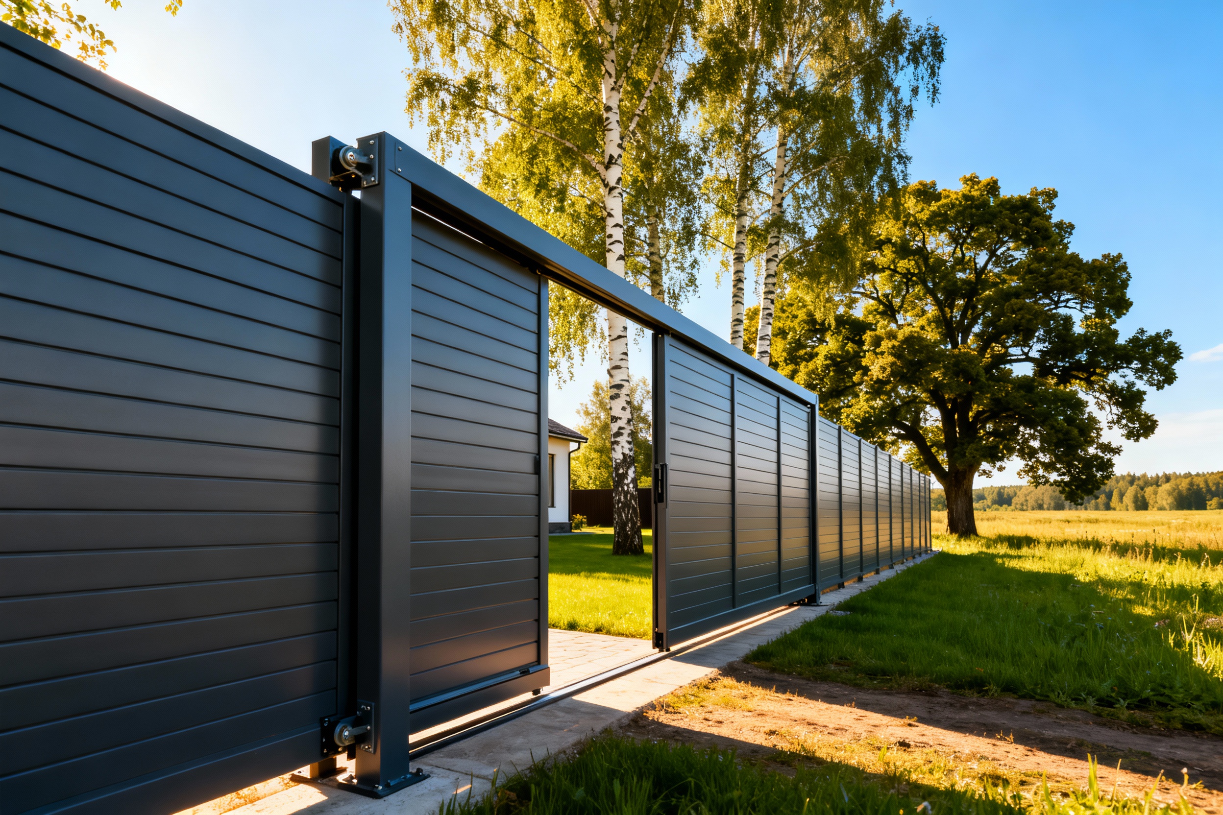 Автоматические откатные ворота с электроприводом и заборы из профнастила